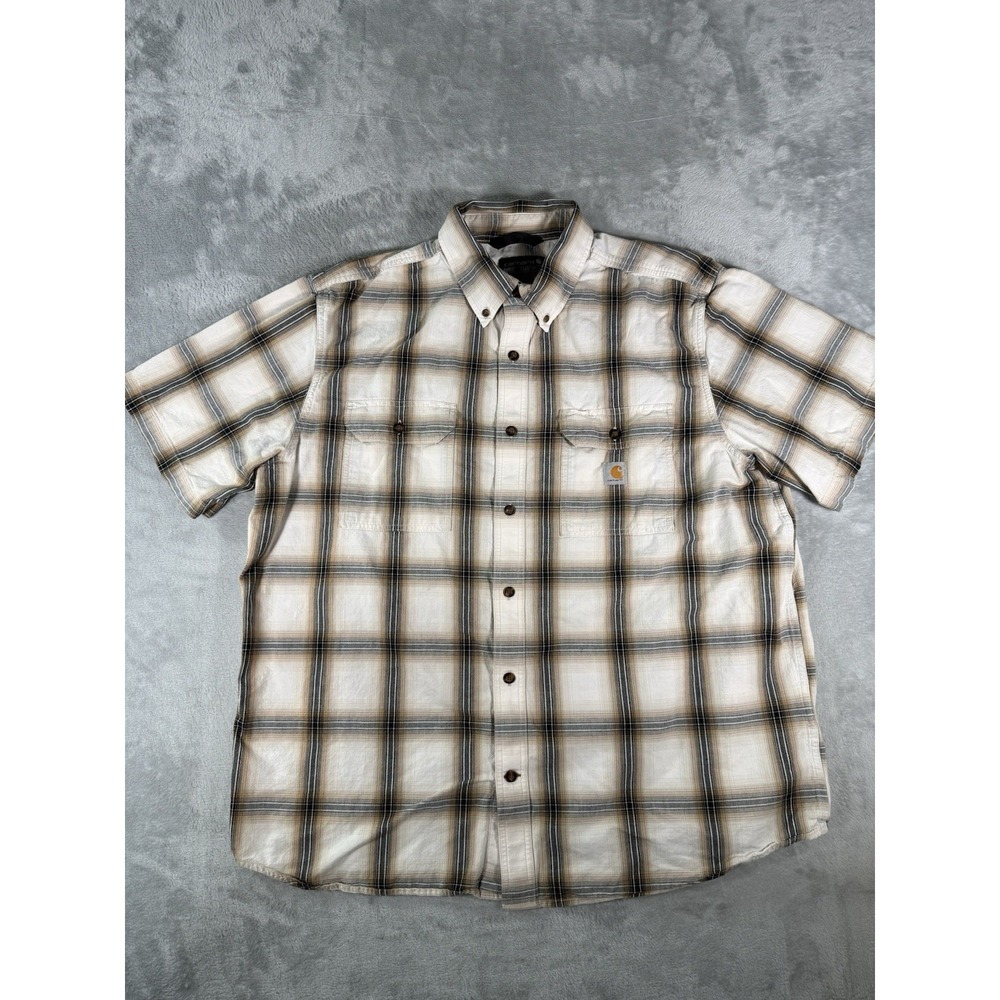 Carhartt Shirt Mens XL Brown‎ Plaid Loose Fit Button Up Short Sleeve